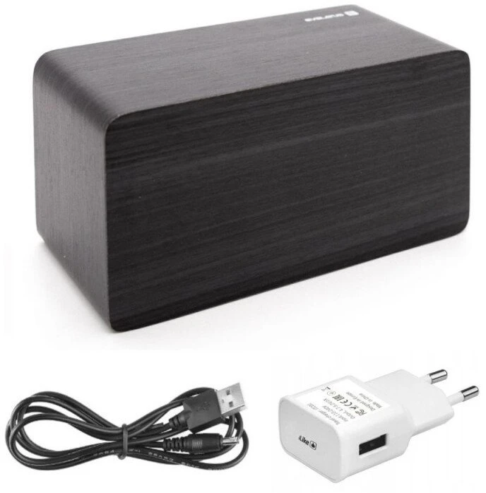 Evelatus EMC01 Digitāls Koka kubs Pulkstenis Modinātājs uzrāda mitrumu temperatūru + USB lādētājs Melna