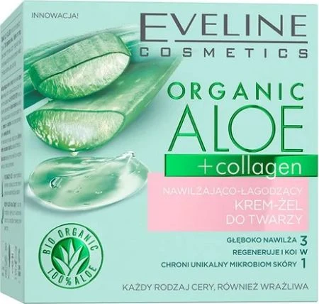 „Eveline Cosmetics“ drėkinamasis ir raminamasis veido kremas-gelis su organiniu alaviju ir kolagenu, 50 ml