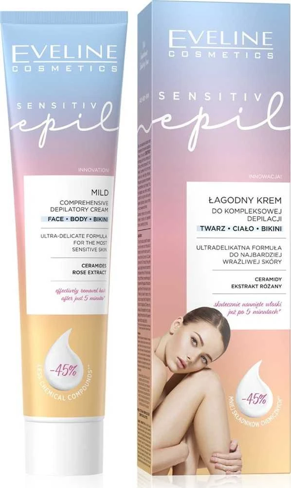 „Eveline Cosmetics Sensitive Epil“ švelnus kremas visapusiškam plaukų šalinimui, 125 ml