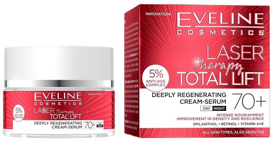 „Eveline Cosmetics Lazerinis Therapy Total Lift“ giliai regeneruojantis kremas-serumas 70+ 50ml