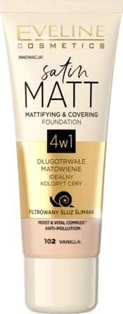 „Eveline Cosmetics Eveline Satin Matt“ matinį efektą suteikiantis ir maskuojantis makiažo pagrindas 4in1, 102 Vanilla, 30 ml