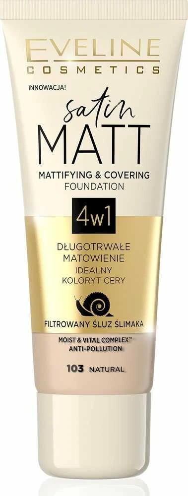 „Eveline Cosmetics“ „Eveline Satin Matt“ matinį efektą suteikiantis ir dengiantis makiažo pagrindas 4in1, 103 Natural, 30 ml