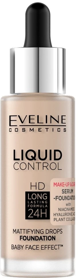 Eveline Cosmetics Liquid Control HD matinis veido pagrindas su niacinamidu 010 Light rusvai gelsvas 32ml