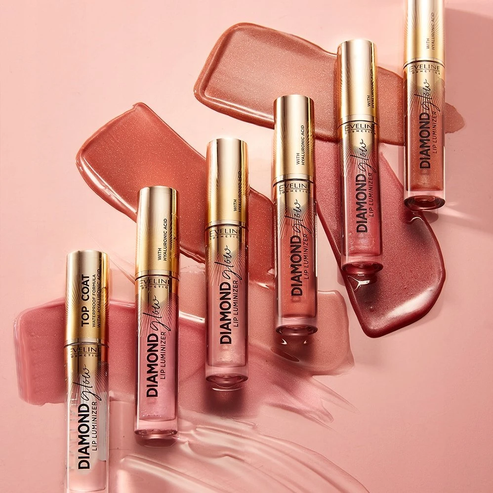 Eveline Cosmetics Diamond Glow Lip Luminizer viršutinis sluoksnis 12 su auksinėmis dulkėmis, 4,5 ml