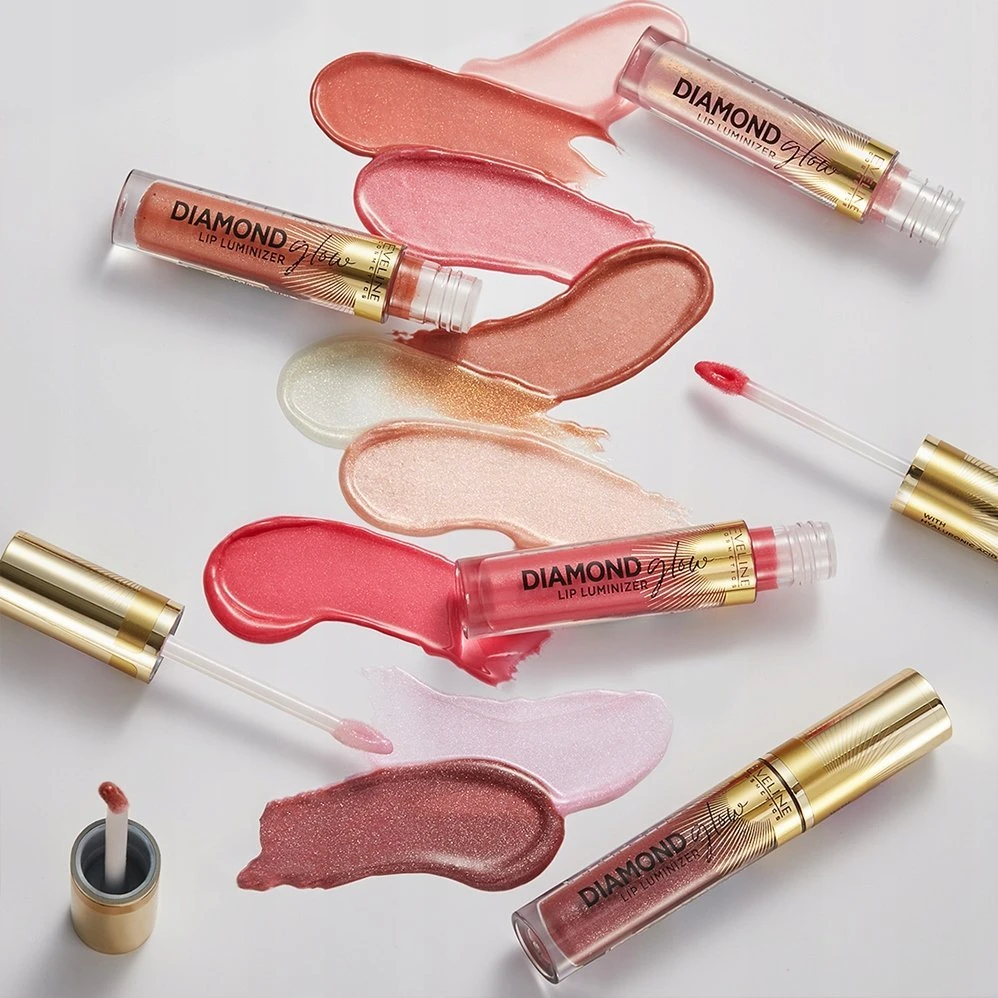 Eveline Cosmetics Diamond Glow Lip Luminizer viršutinis sluoksnis 12 su auksinėmis dulkėmis, 4,5 ml