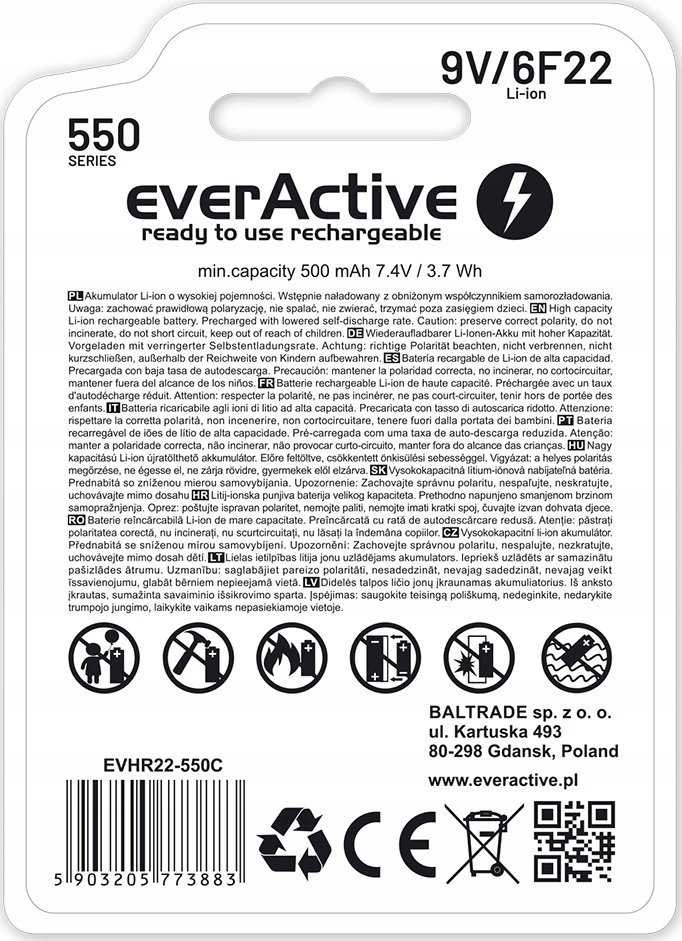 EverActive 9V akumuliatorius – informacija ant pakuotės nugarėlės