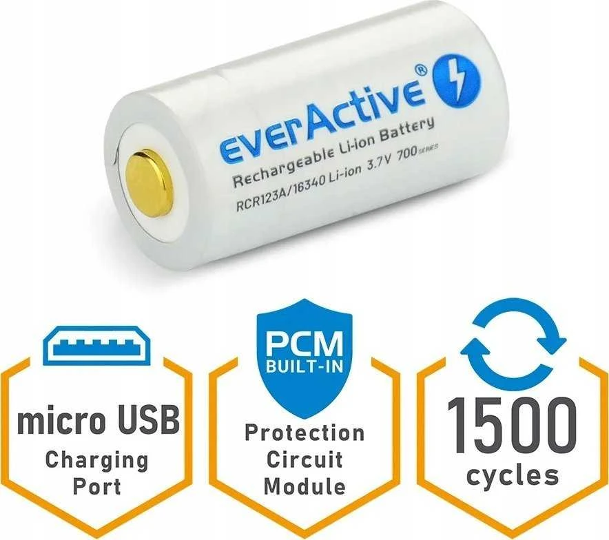 everActive USB įkraunamas RCR123A 16340 3,0V 700mAh akumuliatorius su PCM