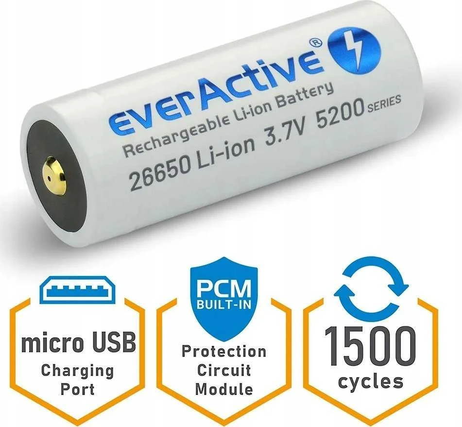 everActive USB įkraunamas 26650 3,7V 5200mAh akumuliatorius su PCM