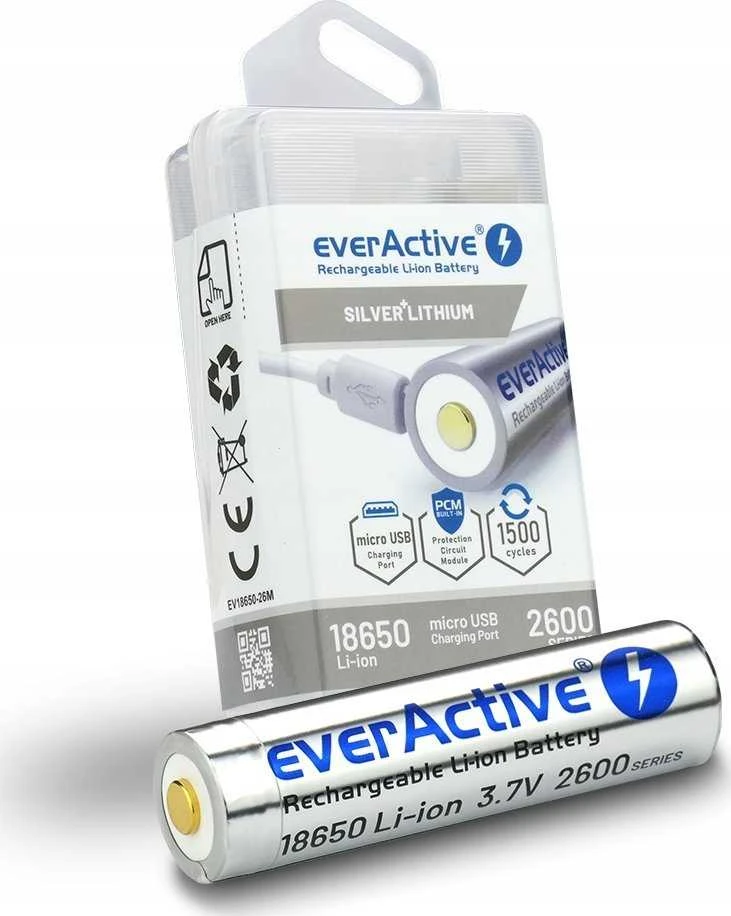 everActive USB įkraunamas 18650 3,7V 2600mAh akumuliatorius su PCM