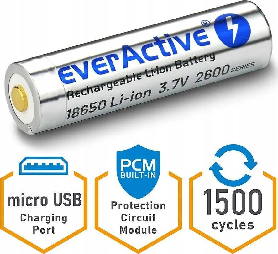 everActive USB įkraunamas 18650 3,7V 2600mAh akumuliatorius su PCM