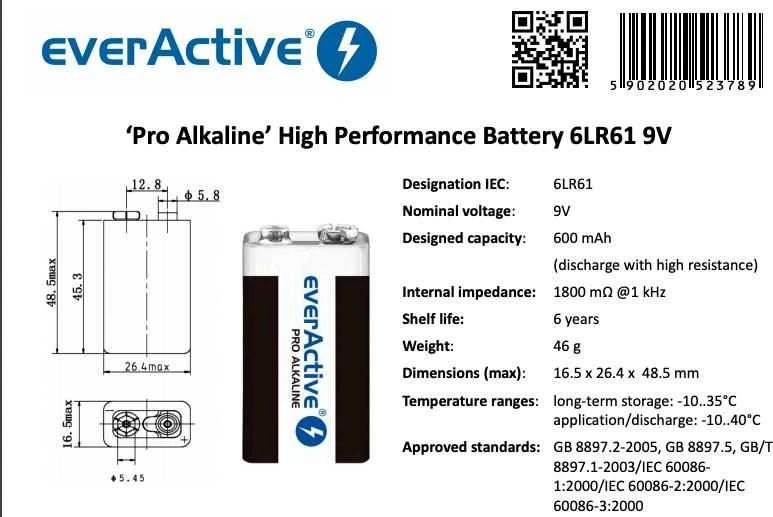 EverActive 9V baterijos techninė specifikacija