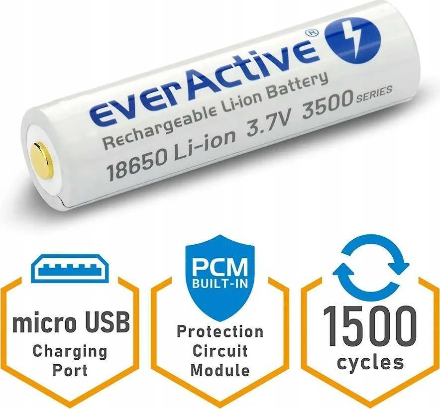 everActive USB įkraunamas 18650 3,7V 3500mAh akumuliatorius su PCM