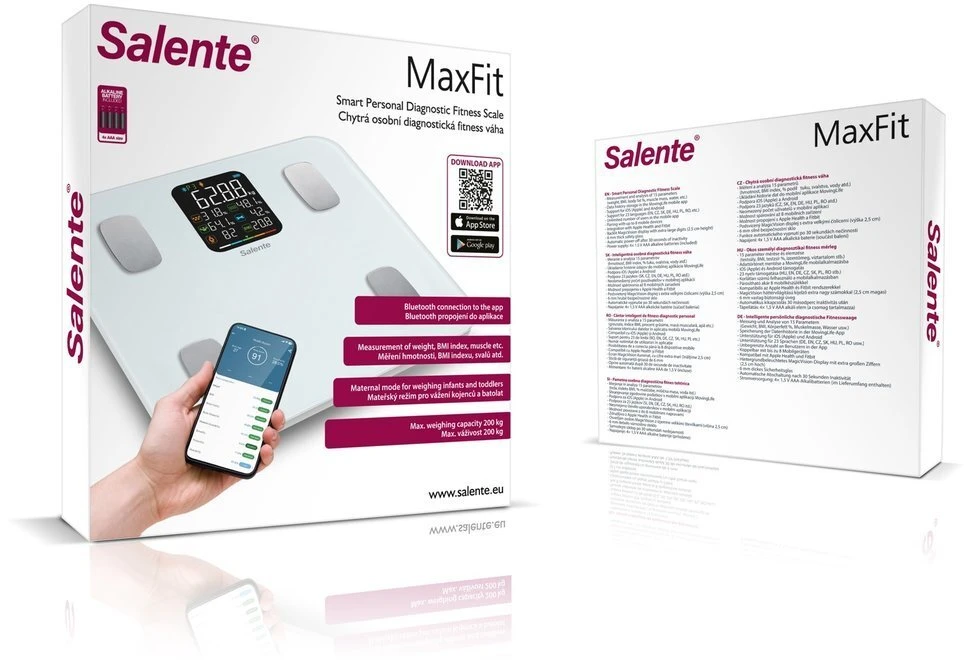 EVO Salente MaxFit, išmaniosios asmeninės diagnostinės fitneso svarstyklės, Bluetooth, baltos (MAXFIT-WH)