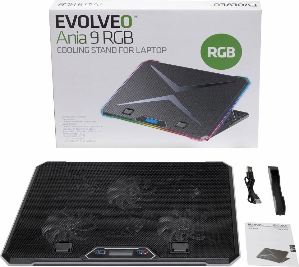 Evolveo Ania 9 RGB aušinimo padėklas, reguliuojamas stovas profesionaliam nešiojamajam kompiuteriui