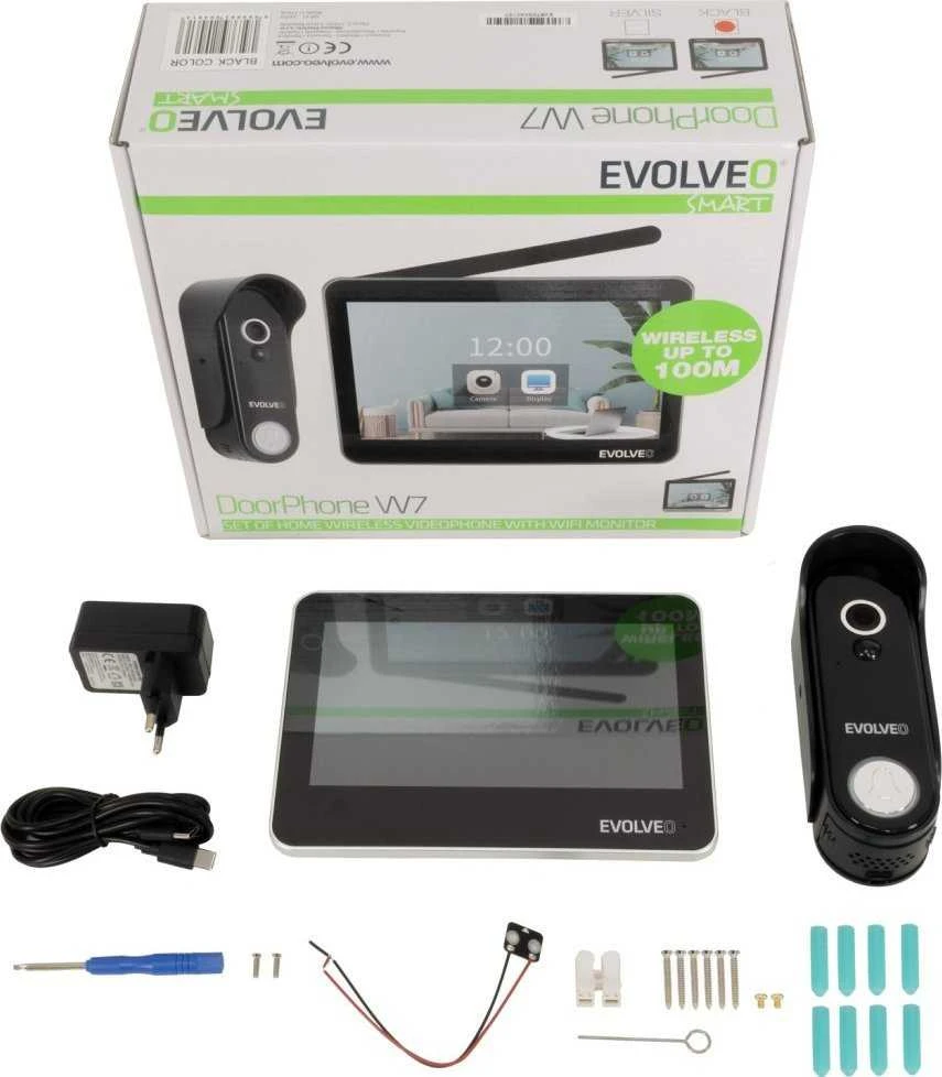 EVOLVEO DoorPhone W7, namų belaidžio vaizdo domofono rinkinys su WiFi juodu monitoriumi