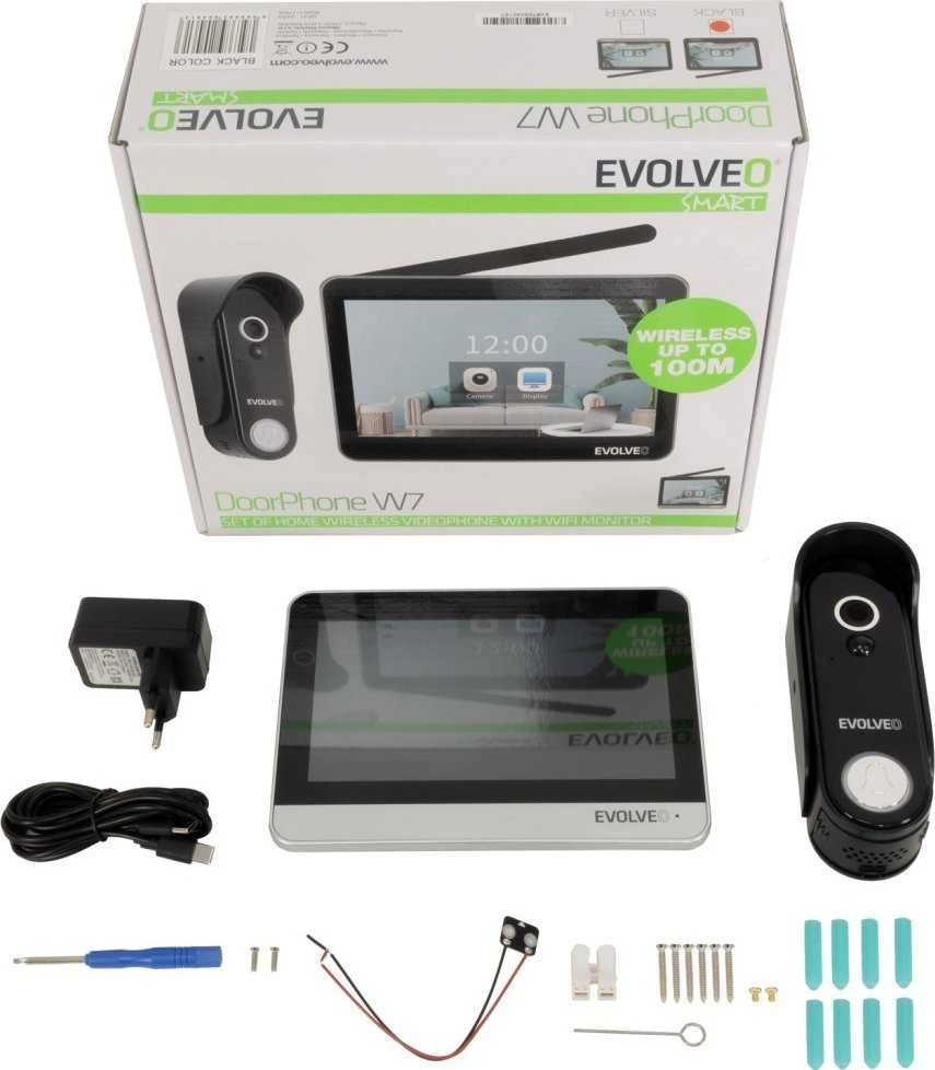 EVOLVEO DoorPhone W7, namų belaidžio vaizdo durų telefono rinkinys su WiFi juodo sidabro monitoriumi