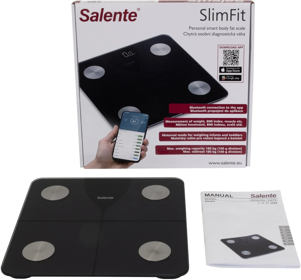 „Evolveo Salente SlimFit“ asmeninės diagnostinės fitneso svarstyklės su „Bluetooth“ ir juodos spalvos