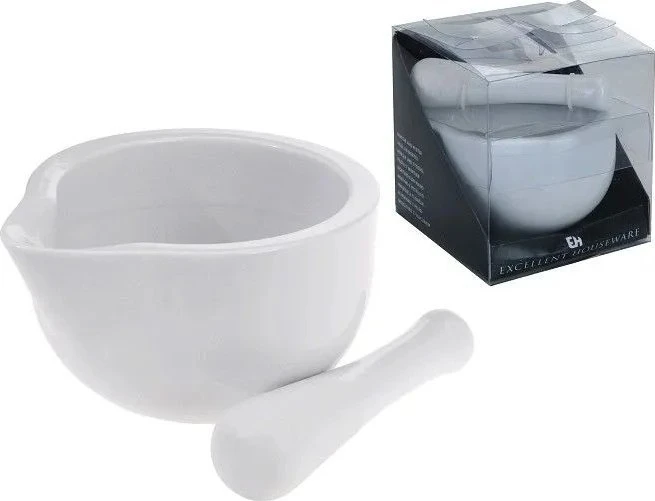 Excellent Houseware Porceliano prieskonių grūstuvė, balta, su grūstuvu