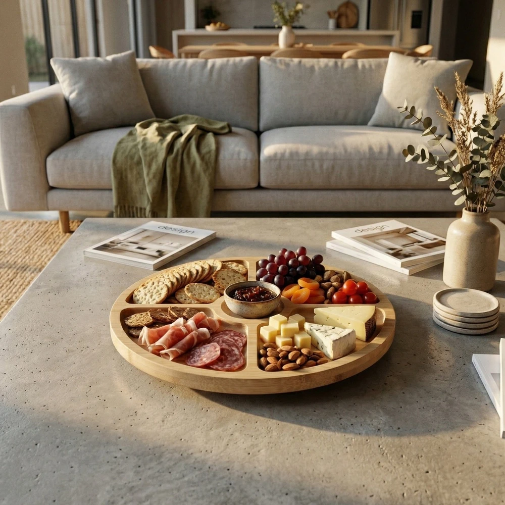 Excellent Houseware Apvalus besisukantis padėklas užkandžiams patiekti GIRO, Ø 33 cm, bambukas