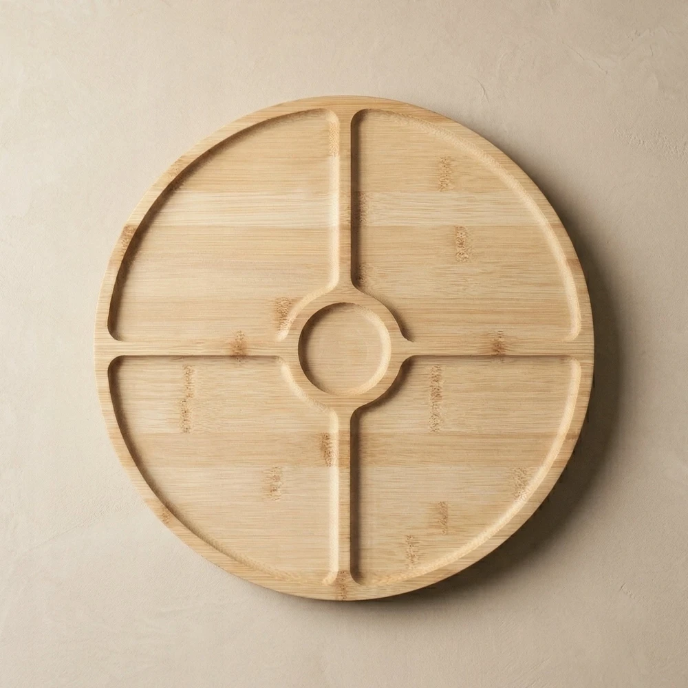 Excellent Houseware Apvalus besisukantis padėklas užkandžiams patiekti GIRO, Ø 33 cm, bambukas