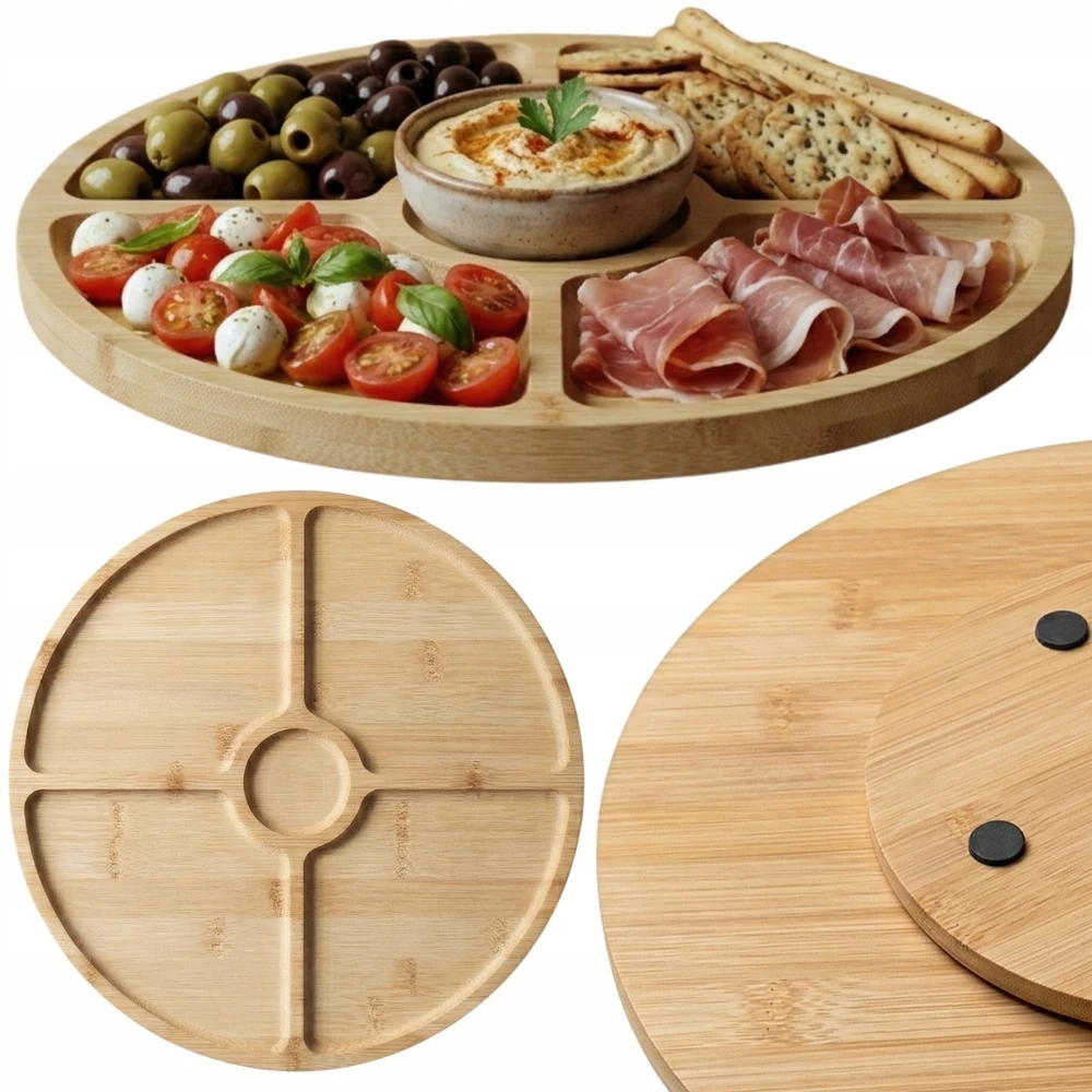 Excellent Houseware Apvalus besisukantis padėklas užkandžiams patiekti GIRO, Ø 33 cm, bambukas