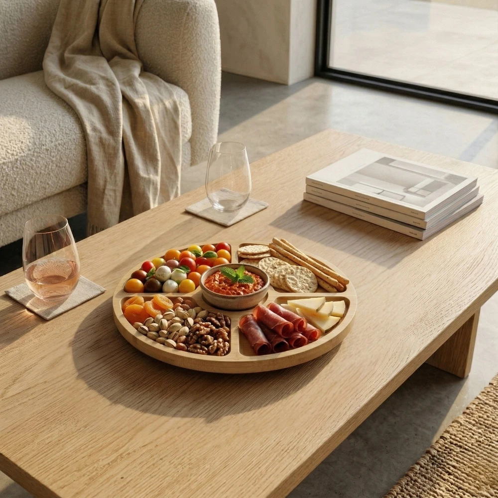 Excellent Houseware Apvalus besisukantis padėklas užkandžiams patiekti GIRO, Ø 33 cm, bambukas
