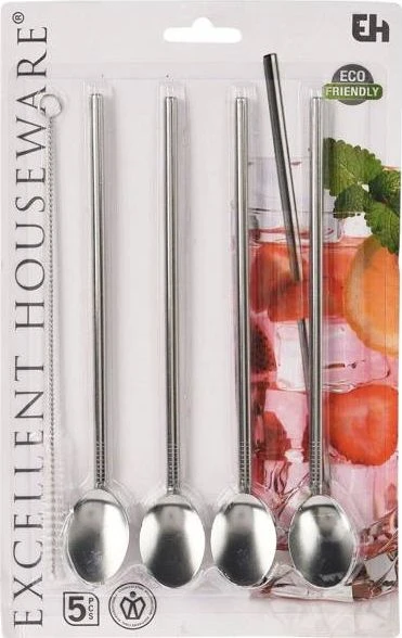 Excellent Houseware Plieniniai gėrimų šiaudeliai, desertiniai šaukšteliai kavai, lattei, gėrimams su ledu gerti, 2 viename + valiklis, 4 dalys, šiaudelių rinkinys, šaukšteliai