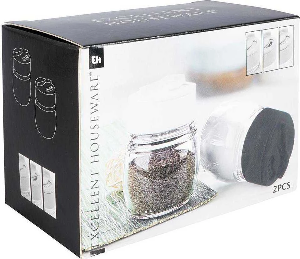 Excellent Houseware Stiklinė druskinė ir pipirinė 2 vnt. - 75 ml, su reguliuojamais angomis