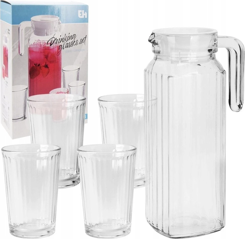 Excellent Houseware Stiklinis 5 dalių džbanas su dangteliu ir stiklinėmis