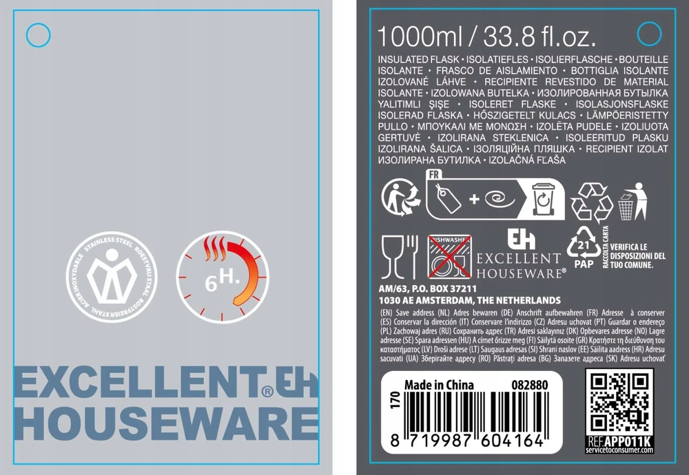 Excellent Houseware Termos turistinis su kubkiem, 6 h, 1000 ml