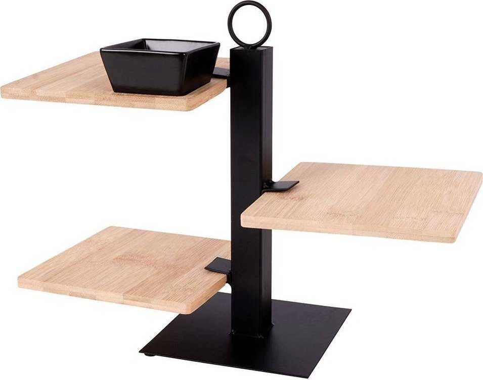 Excellent Houseware Bambukinė serviravimo lėkštė 3 aukštų su dubeniu 32x32x26,5 cm