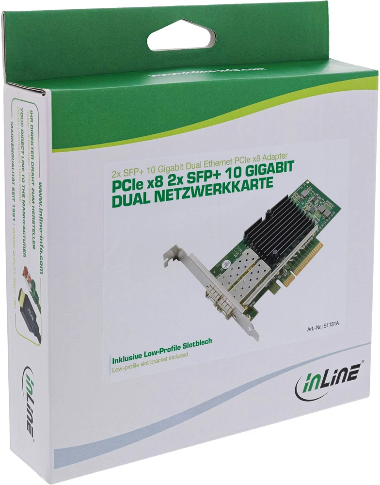 Exsys „InLine®“ dvigubas 10 gigabitų tinklo adapteris, 2x SFP+, PCIe x8, įskaitant žemo profilio pagrindinę plokštę