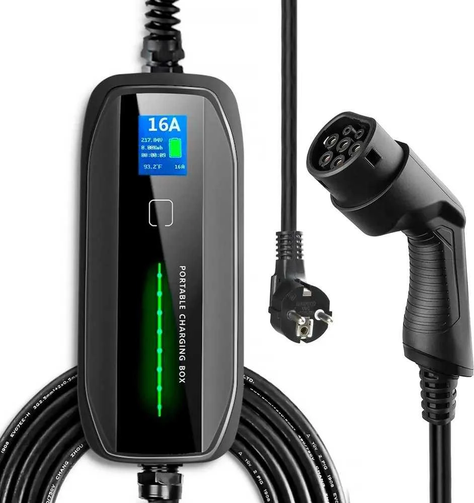 Nešiojamas elektromobilių įkroviklis Extralink BS-PCD030, 16A, 3.6kW, Schuko, 1 fazė, 5.5m, LCD ekranas, IP67