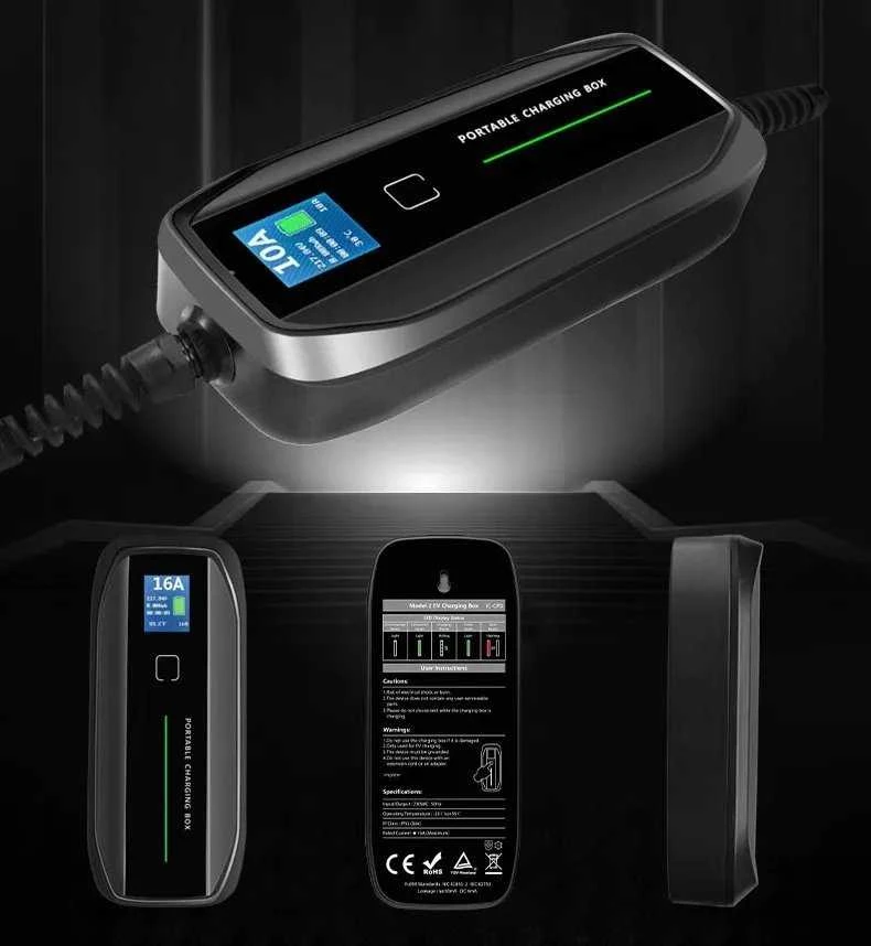 Nešiojamas elektromobilių įkroviklis Extralink BS-PCD030, 16A, 3.6kW, Schuko, 1 fazė, 5.5m, LCD ekranas, IP67