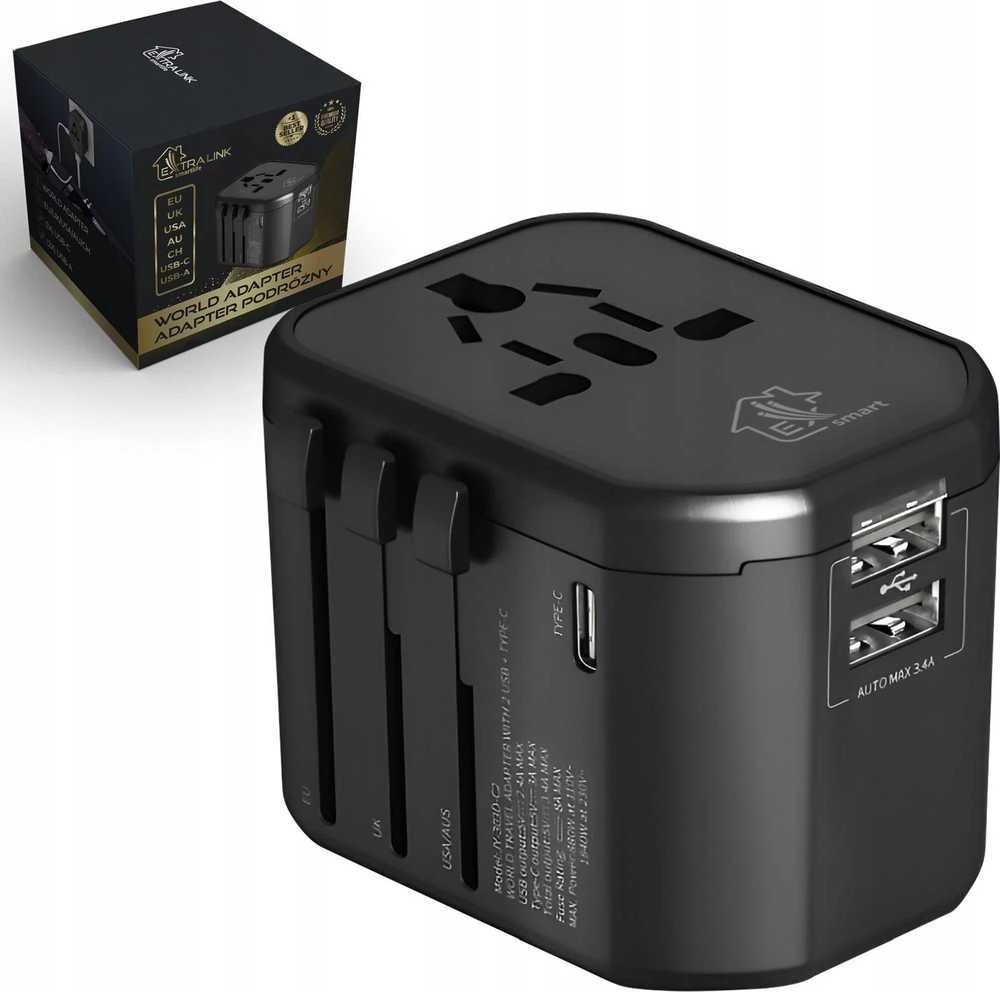Universalus kelioninis adapteris su USB jungtimis