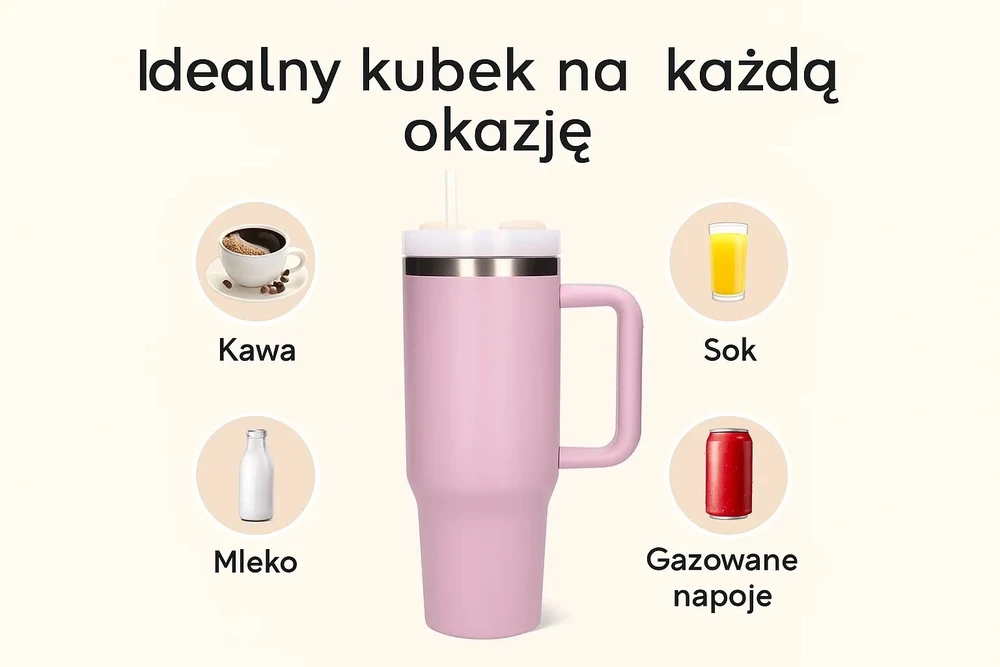 Extralink Juodasis miškas | Terminis puodelis su šiaudeliu | termosas su rankena 1200 ml, rausvos spalvos