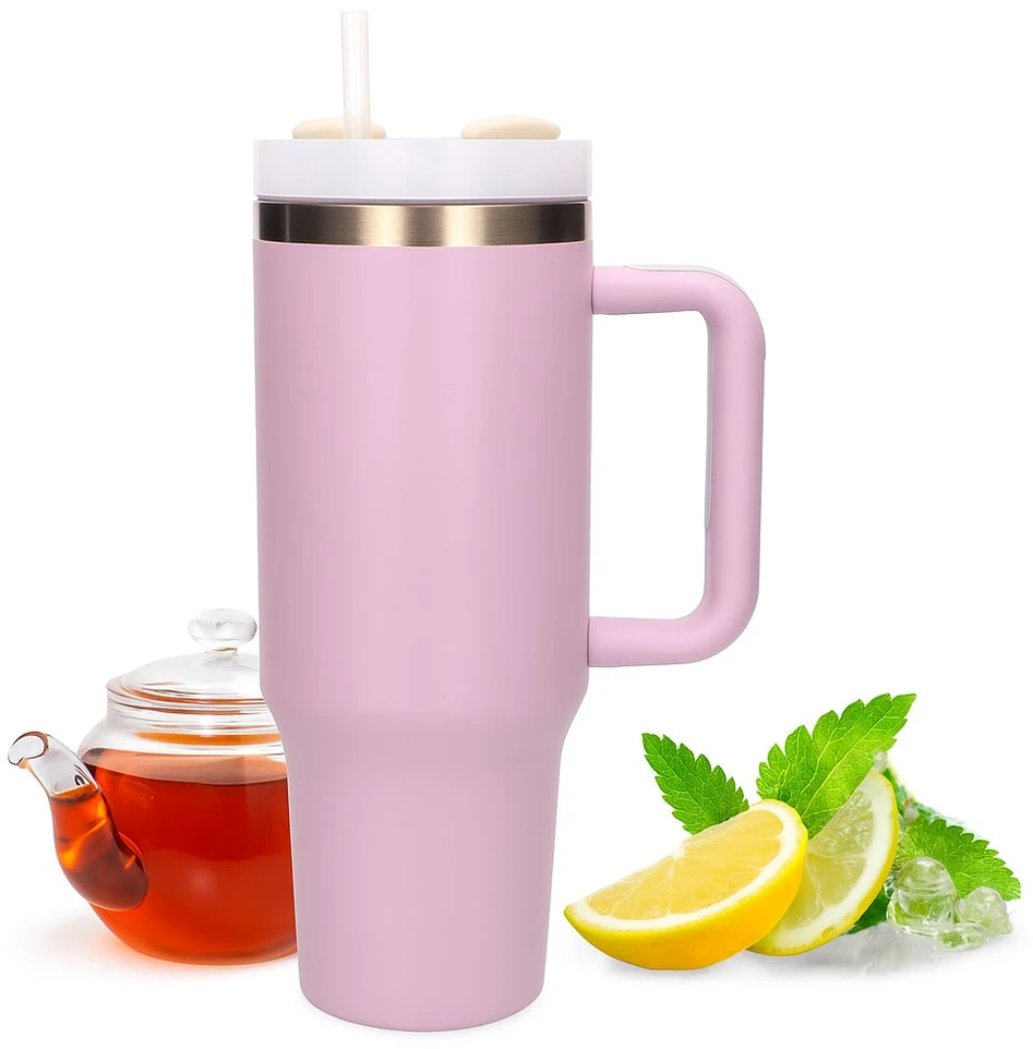 Extralink Juodasis miškas | Terminis puodelis su šiaudeliu | termosas su rankena 1200 ml, rausvos spalvos