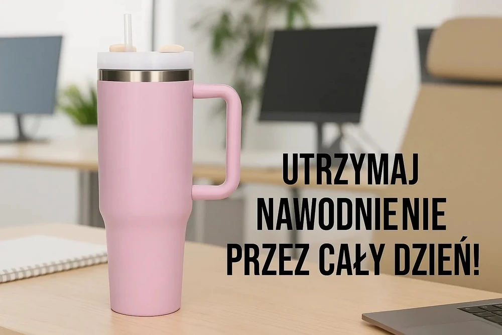 Extralink Juodasis miškas | Terminis puodelis su šiaudeliu | termosas su rankena 1200 ml, rausvos spalvos