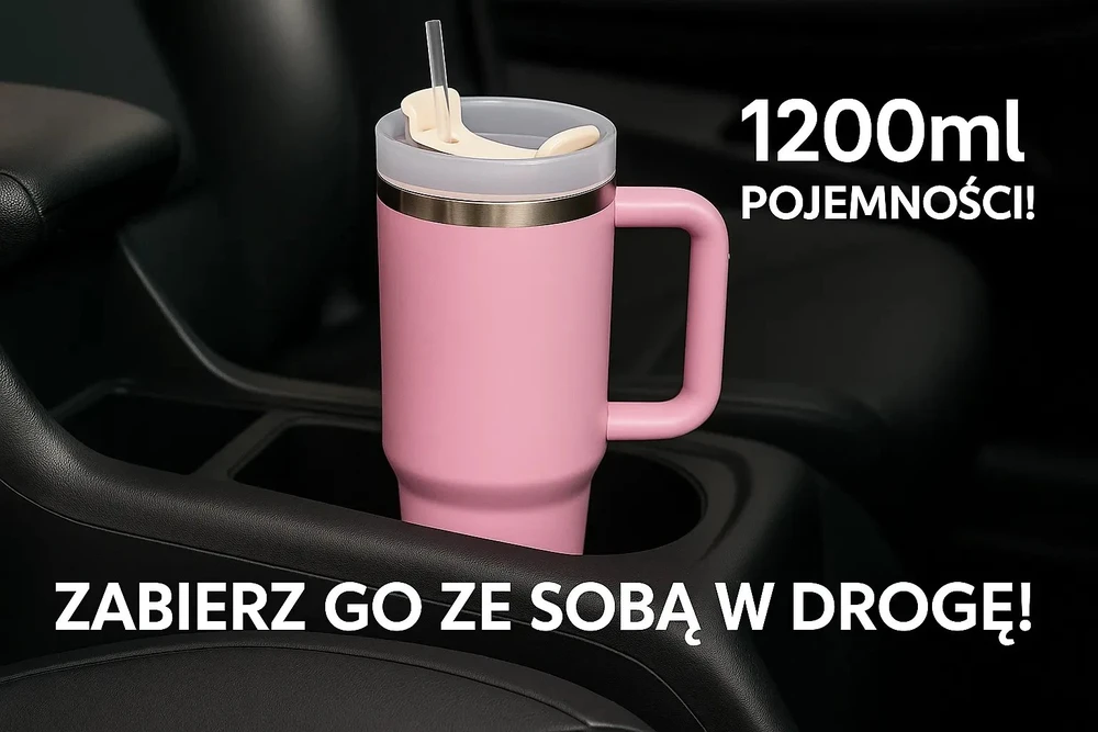 Extralink Juodasis miškas | Terminis puodelis su šiaudeliu | termosas su rankena 1200 ml, rausvos spalvos