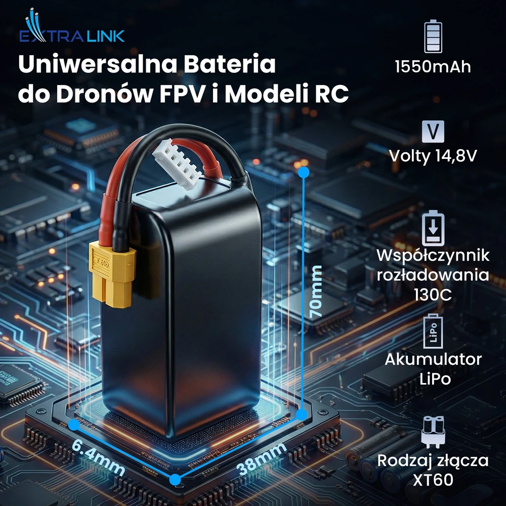 Extralink LiPo 4S 1550mAh XT60 130C | FPV RC dronų akumuliatorius | RC automobiliai, RC lėktuvai, nuotoliniu būdu valdomos RC transporto priemonės
