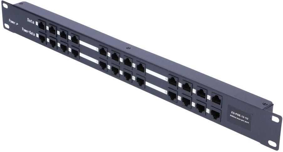EXTRALINK 12 prievadų pasyvus PoE purkštukas / adapteris 10/100Mbps 12v ~ 48v DC stovas 19"