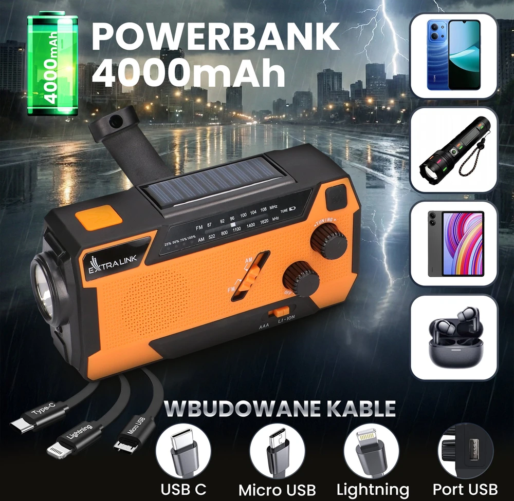 „Extralink SR-4000“ | Saulės energija varomas avarinis radijas su alkūniniu velenėliu | dinama, 4000 mAh išorine baterija ir SOS žibintuvėliu