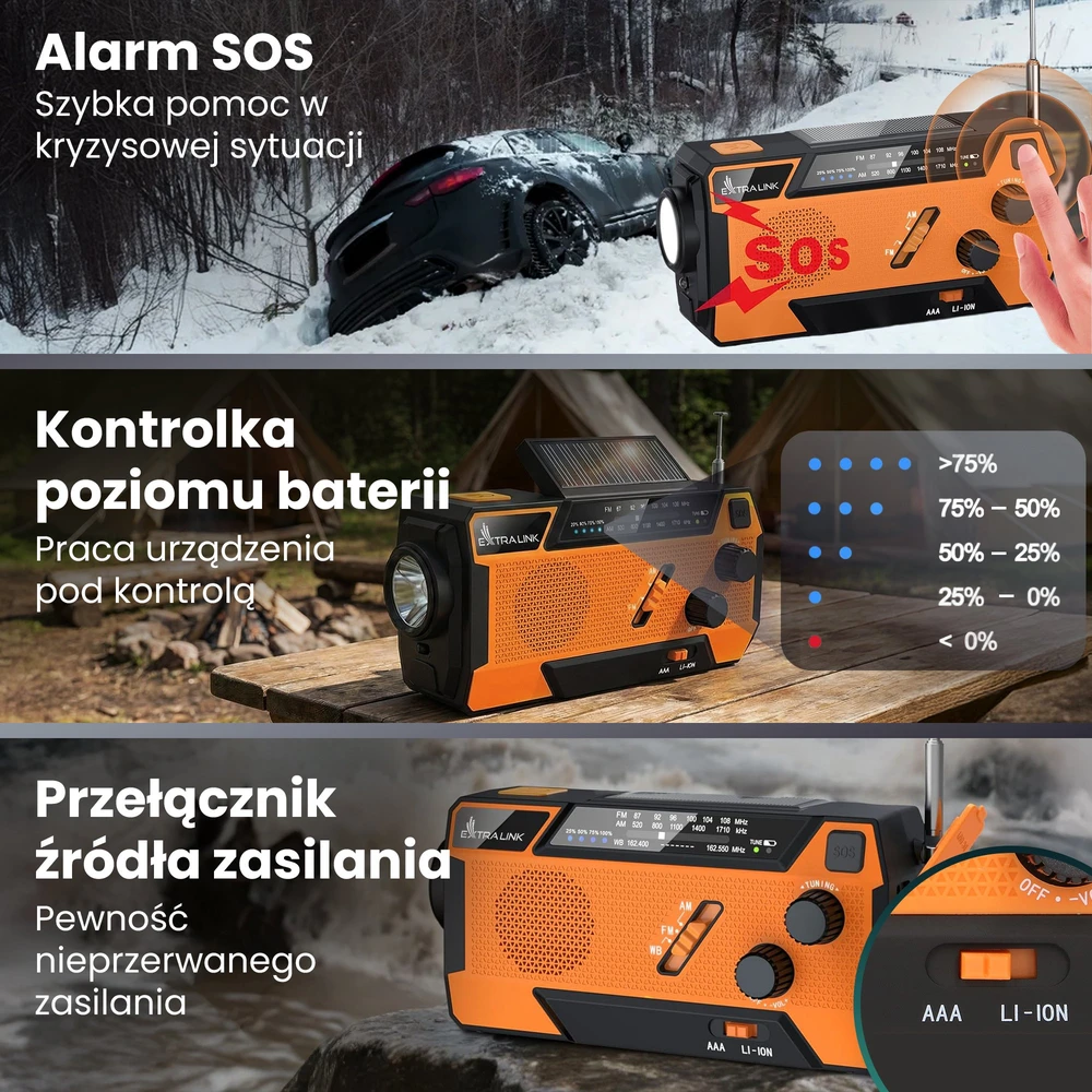 „Extralink SR-4000“ | Saulės energija varomas avarinis radijas su alkūniniu velenėliu | dinama, 4000 mAh išorine baterija ir SOS žibintuvėliu