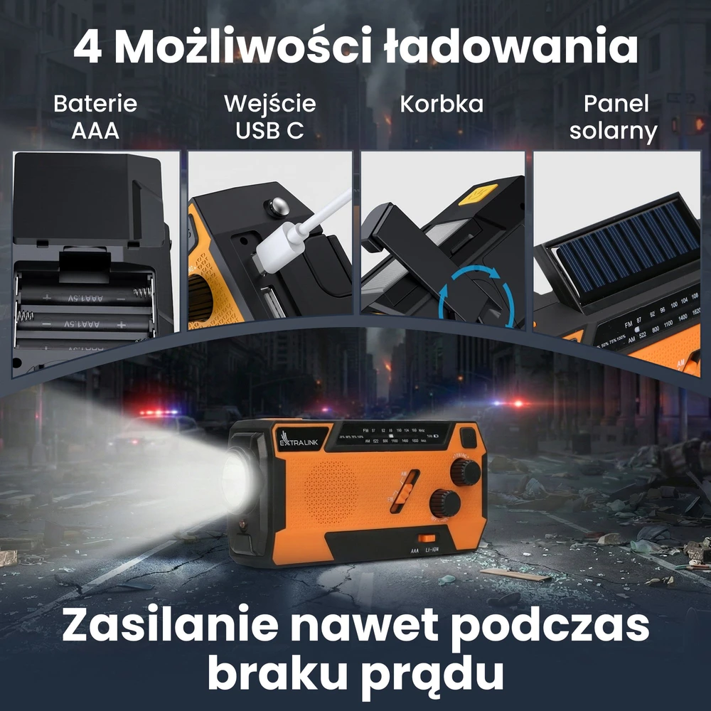 „Extralink SR-4000“ | Saulės energija varomas avarinis radijas su alkūniniu velenėliu | dinama, 4000 mAh išorine baterija ir SOS žibintuvėliu