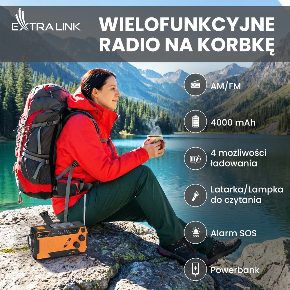 „Extralink SR-4000“ | Saulės energija varomas avarinis radijas su alkūniniu velenėliu | dinama, 4000 mAh išorine baterija ir SOS žibintuvėliu