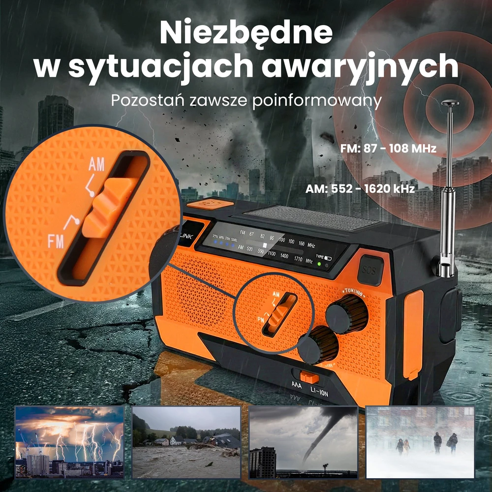 „Extralink SR-4000“ | Saulės energija varomas avarinis radijas su alkūniniu velenėliu | dinama, 4000 mAh išorine baterija ir SOS žibintuvėliu