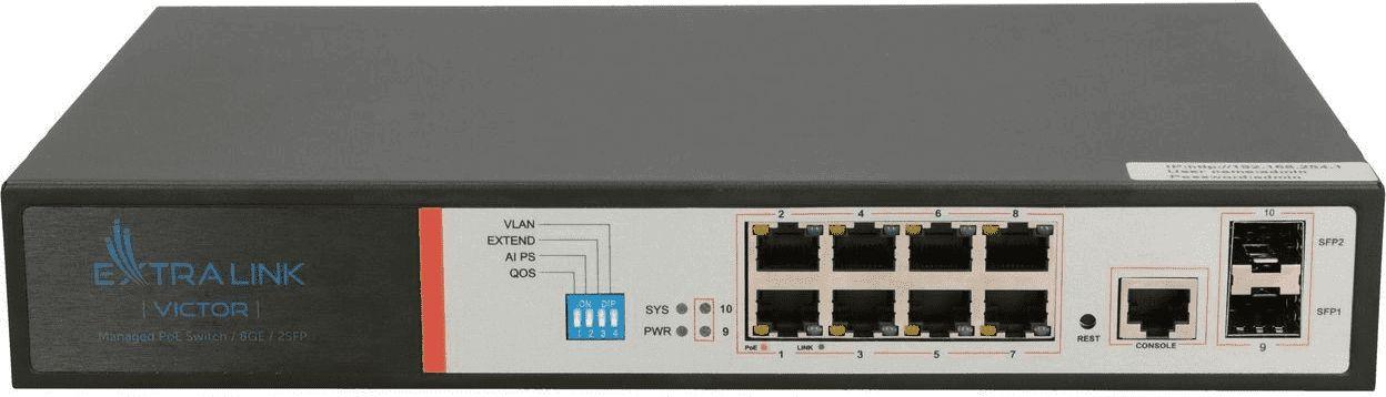 Šakotuvas Valdomas PoE jungiklis Extralink Victor, 8x Gigabit PoE/PoE+, 2x SFP, 150W