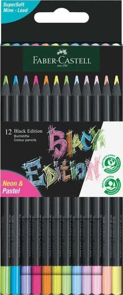 Spalvoti pieštukai Faber-Castell Juodas Edition, 12 neoninių ir pastelinių spalvų
