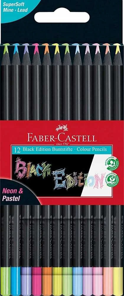 Spalvoti pieštukai Faber-Castell Juodas Edition, 12 neoninių ir pastelinių spalvų