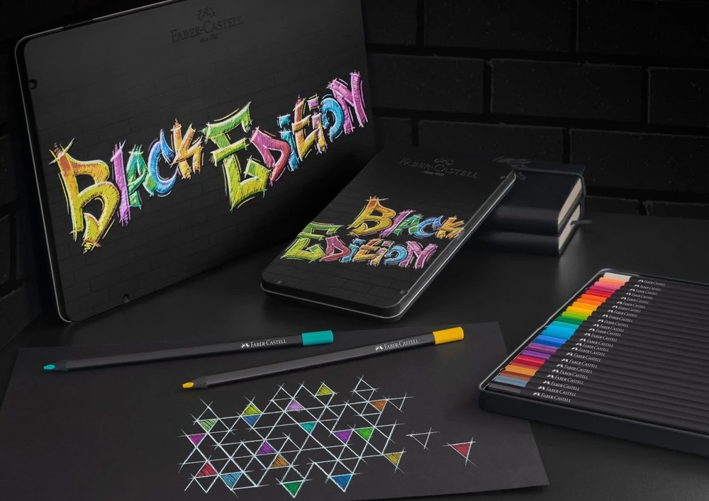 Spalvoti pieštukai Faber-Castell Juodas Edition, 24 ryškių spalvų, metalinėje dėžutėje